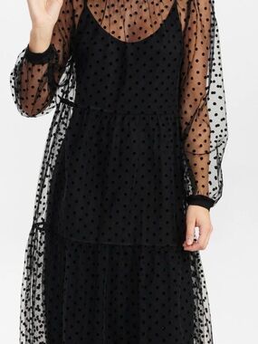 H&M Black Polka Dot Sheer Long Sleeve Tiered Midi Dress